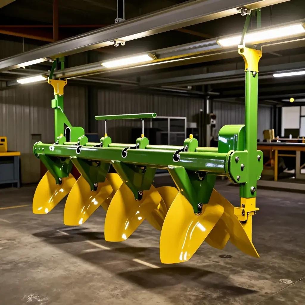 Powder coated farm plow equipment in green and yellow